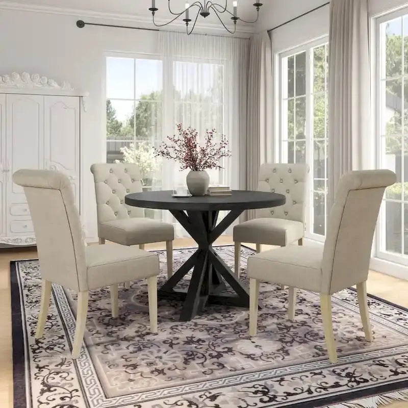 Rustic Wooden 5-Piece Dining Set With Round Cross-Buck Pedestal Table And 4 Tufted Upholstered Chairs - 47.25 x 47.25 x 31.50 in