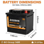 Autocessking Platinum AGM Battery, Group 140R Rechargeable Automotive Batteries for Car, H4 12 Volt 570 CCA 50Ah 80RC