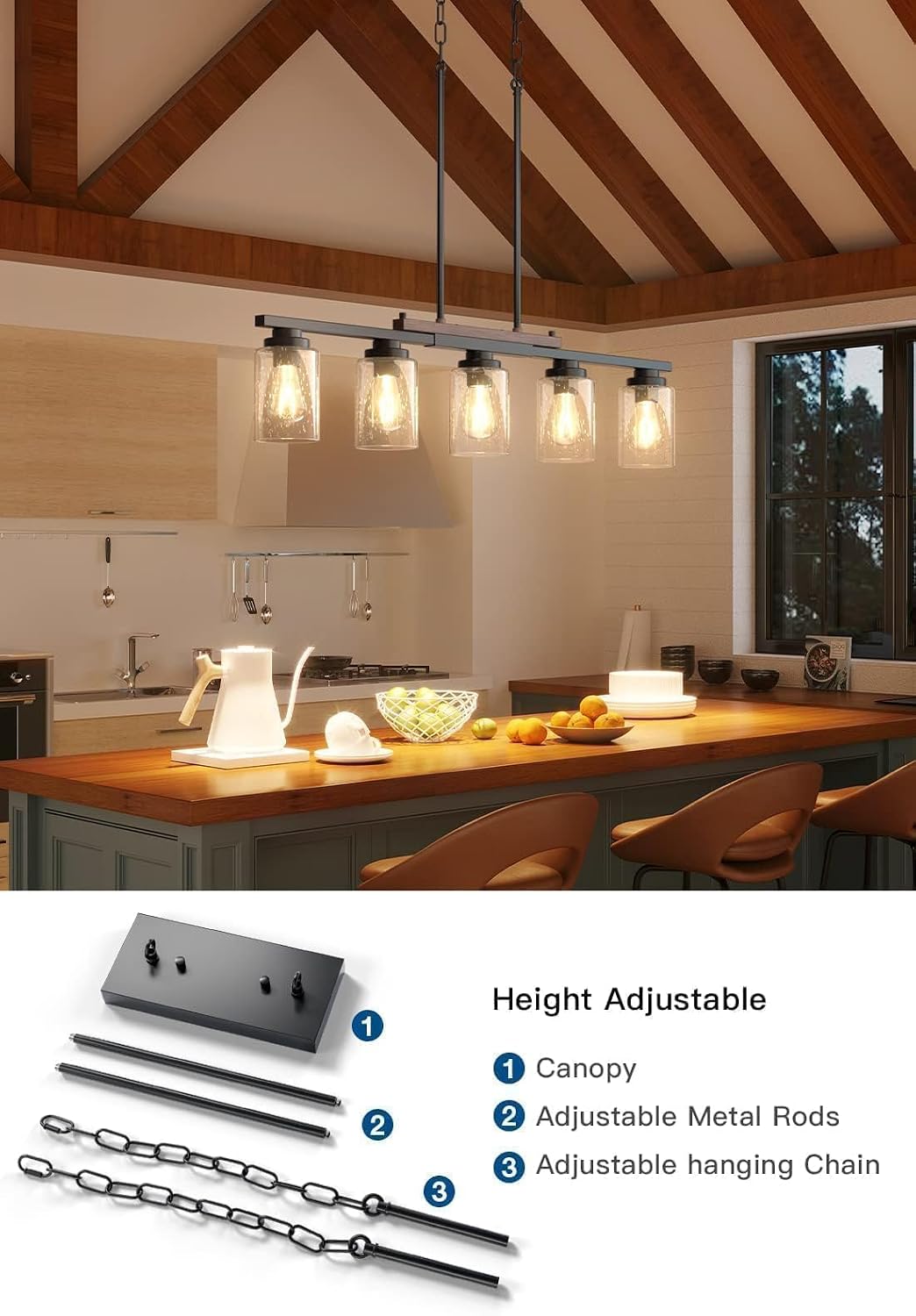 Amico 5-Light Dining Room Light Fixture, Seeded Glass Island Chandelier