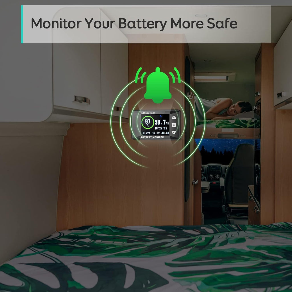 LNEX 500A Shunt Battery Monitor, 2.4" Color Screen RV Monitor with 16ft Shielded Wire, Support High Low Voltage Programmable Alarm for 8-100V Lifepo4