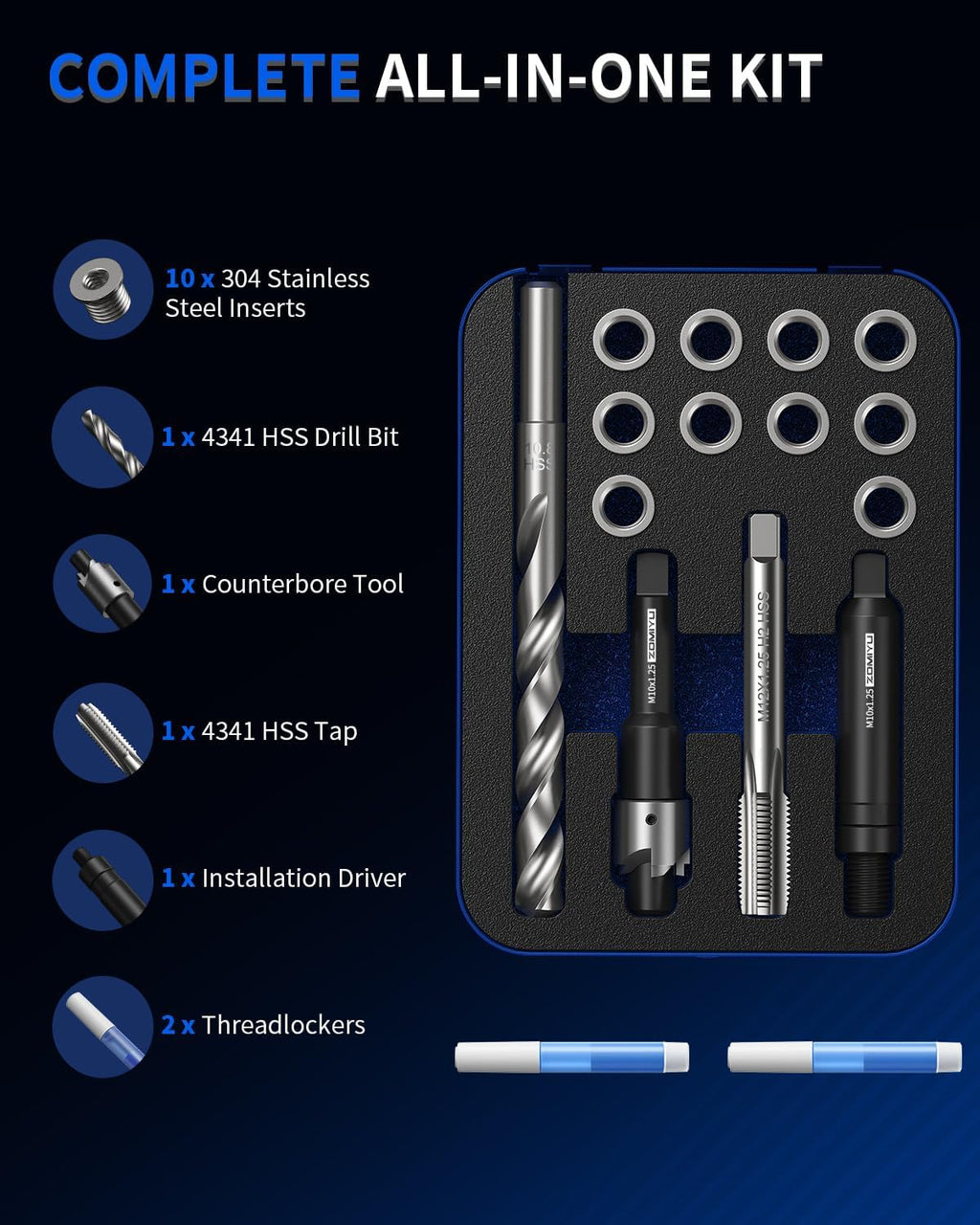 M10x1.25 Metric Thread Repair Kit, 14mm One-Piece Inserts (10PCS)
