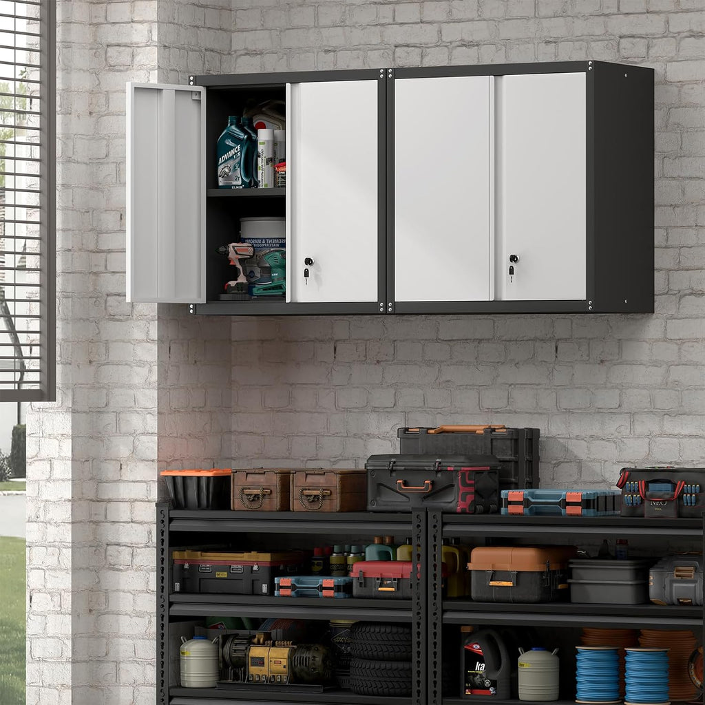 Garage Storage Cabinet, Wall Mounted Locking Cabinet with Doors and Shelves, Steel Tool Garage Cabinets and Storage, Utility Cabinet for Workshop
