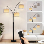 3 Light Arc Floor Lamp with Remote, Beige Shade Black Pole