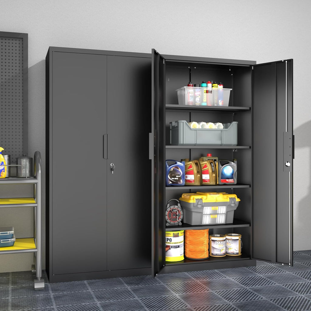 Metal Garage Storage Cabinet with Lock, 71" Tall Steel Storage Locker with 4 Adjustable Shelves, Heavy Duty Metal Cabinet for Garage, Office, Home