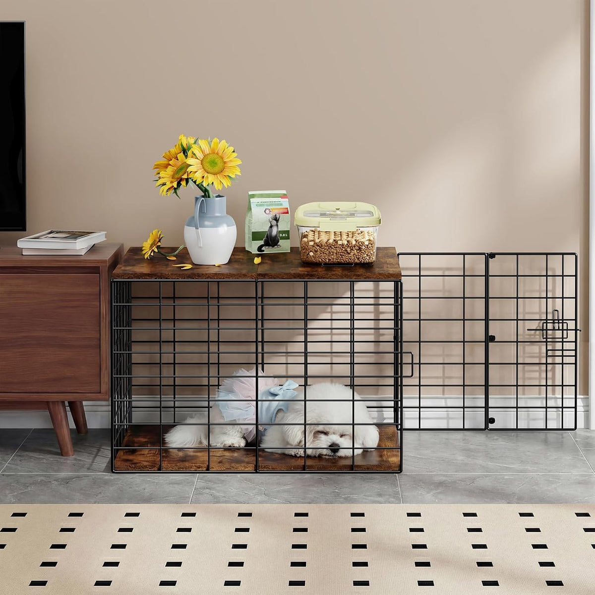 24 Inch Small Dog Crate Furniture - All-Season Indoor Dog Kennel with Wooden Top & Thickened Metal Wire, Cage for Small Dogs & Puppies Under 20 lbs.