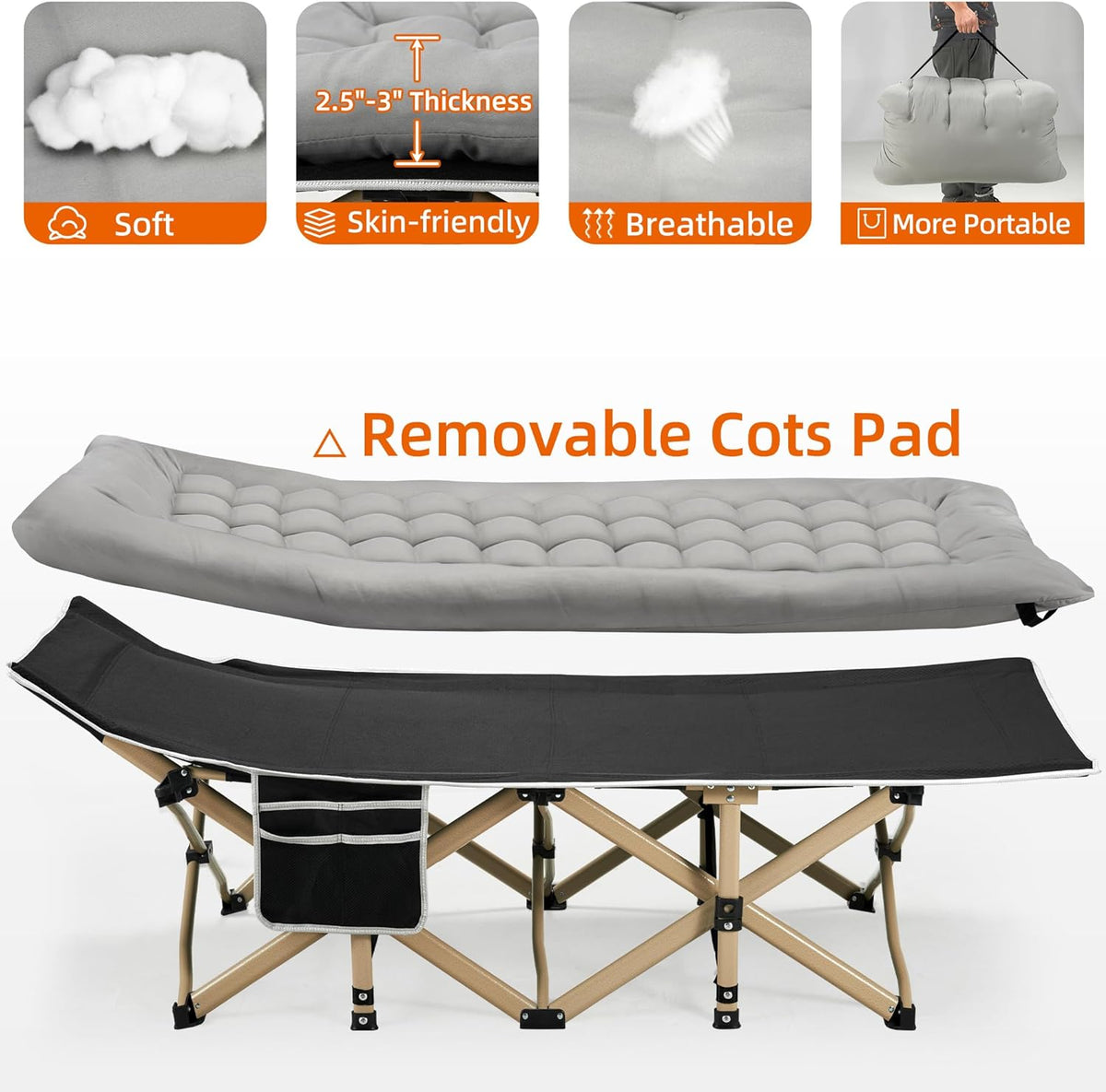 Portable Camping Cot, 600LBS Max Load, Extra Wide with Thick Mattress, Folding Cot for Outdoor Camping/Office, Home Nap (Grey)