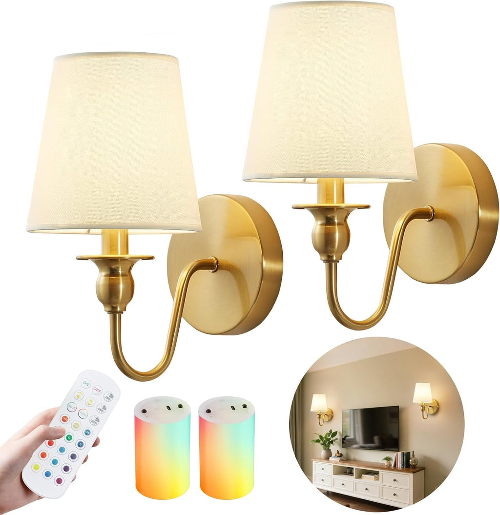Battery Operated Wall Sconces set of Two,Wireless Wall Sconces with 10000mAh Dimmable Bulb and Remote,LED 15 Colors Rechargeable Gold Wall Sconce