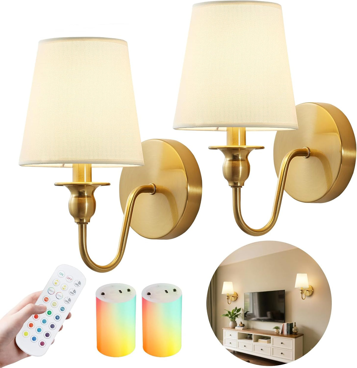Battery Operated Wall Sconces set of Two,Wireless Wall Sconces with 10000mAh Dimmable Bulb and Remote,LED 15 Colors Rechargeable Gold Wall Sconce