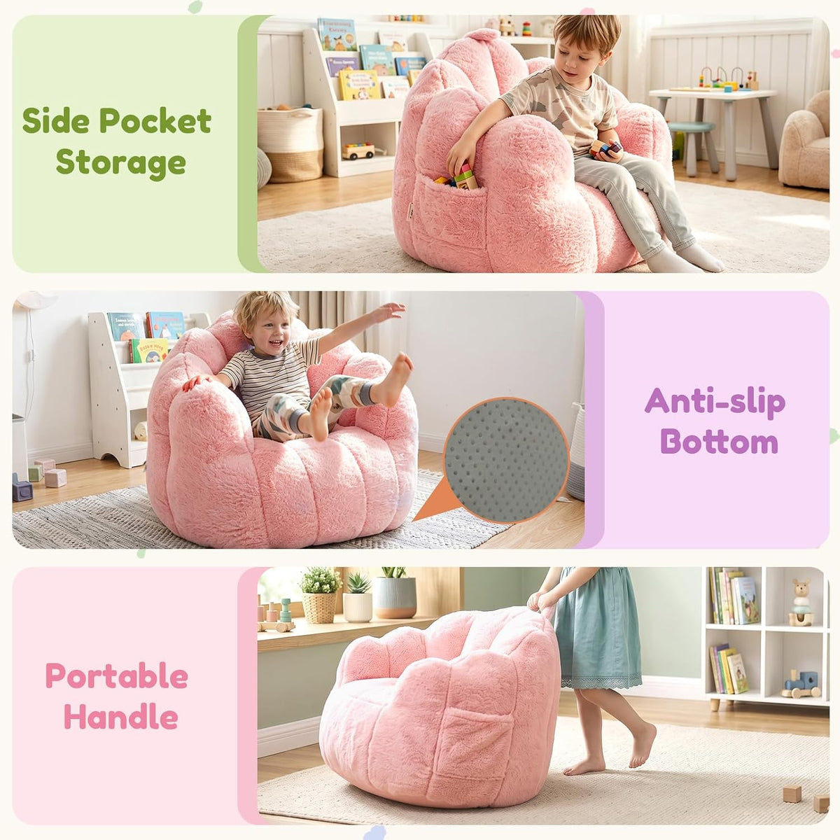 Kids Bean Bag Chair, Comfy Bean Bag Sofa with Handle for Boys Girls, Pink