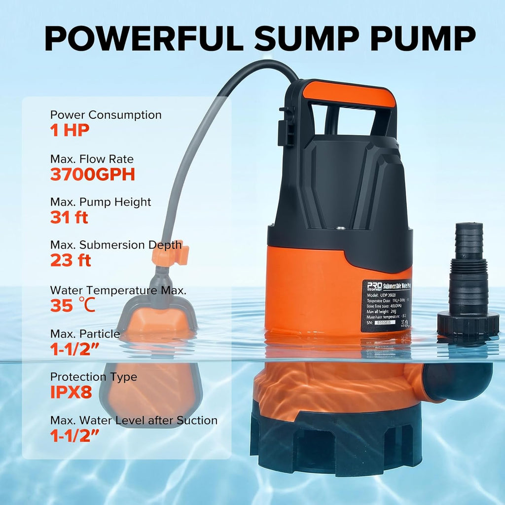 Prostormer 1HP 4200GPH Clean/Dirty Submersible Sump Pump