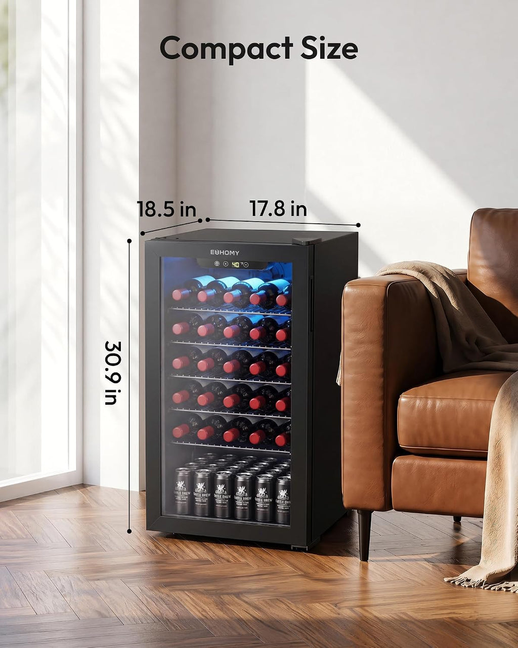 EUHOMY 125 Can Wine Cooler Refrigerator, Wine Fridge Glass Door, Black