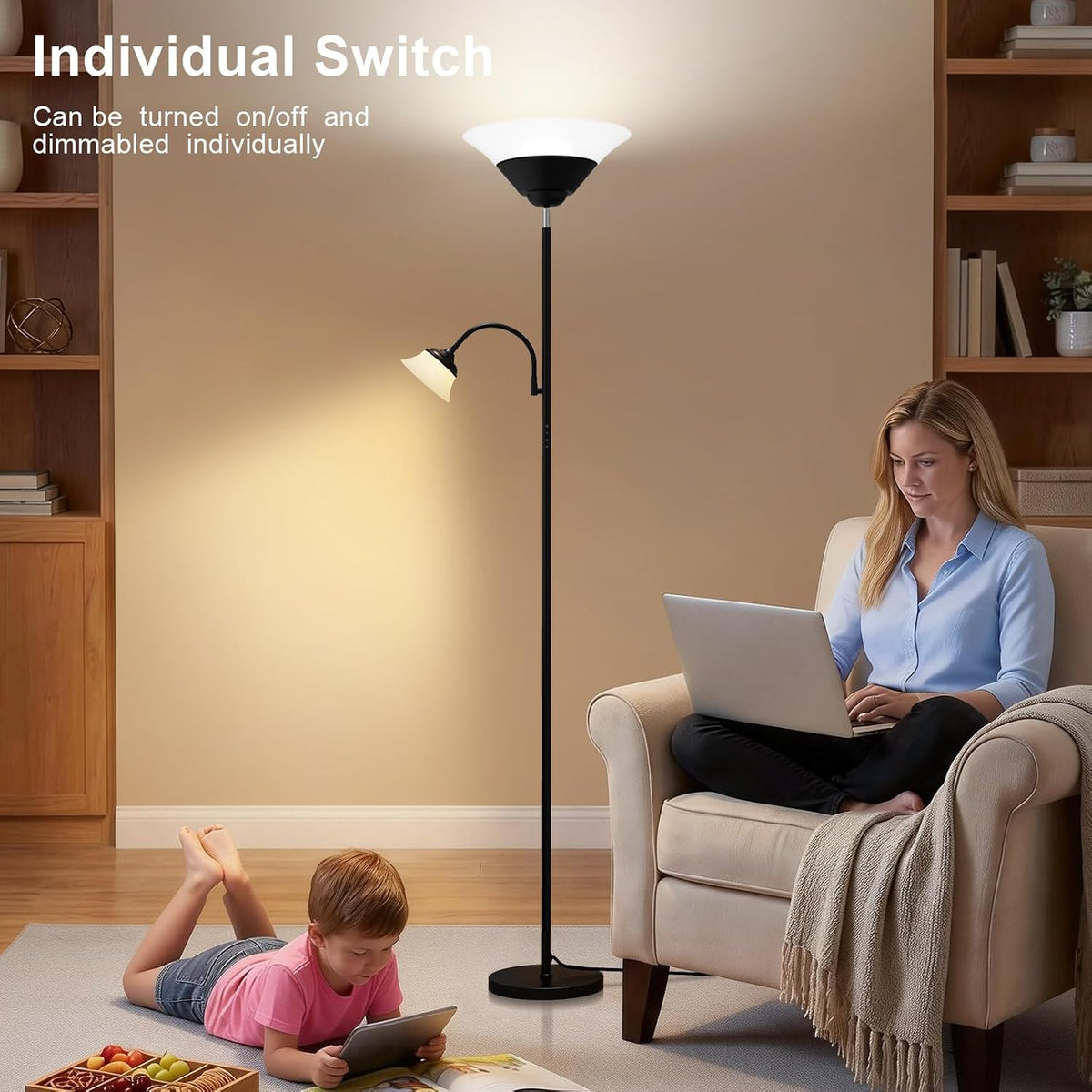 2-in-1 Torchiere Floor Lamp, 34W Super Bright LED Standing Lamp with Remote & Touch Control, 72" Dimmable Adjustable Corner Reading Lamp for Living