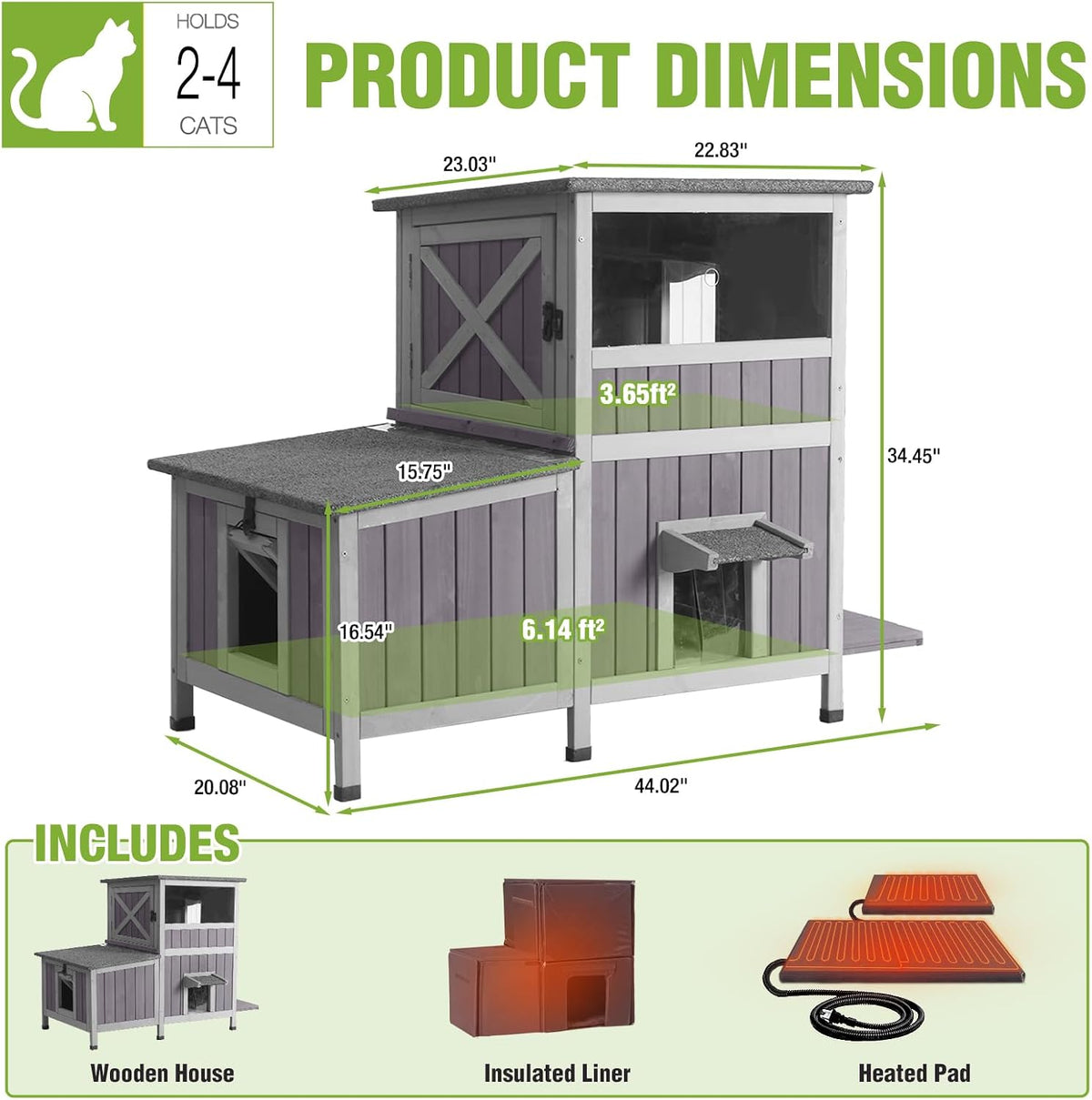 Extra Large Heated Cat House Outdoor Insulated Cat House 2-Section Weatherproof Feral Cat Shelter with Safe Heating Pad, 6-Sided Thermal Liner
