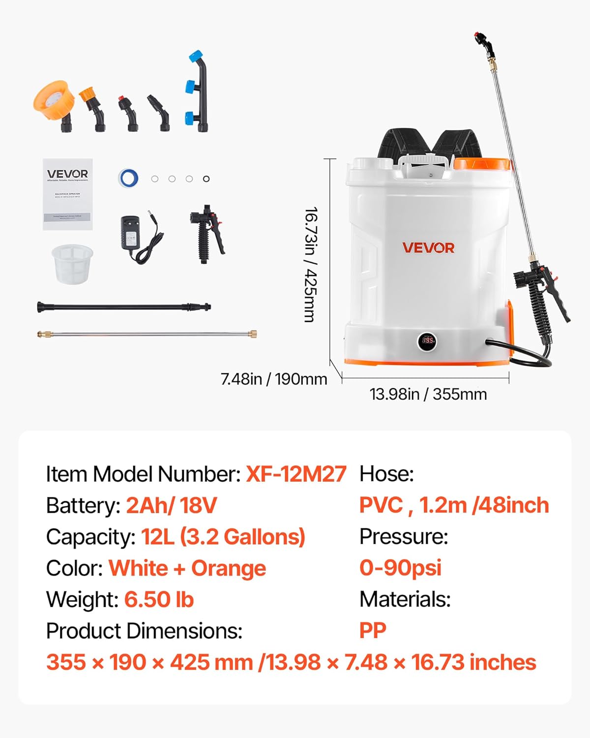 VEVOR Battery Powered Backpack Sprayer 3.2 Gal, Powerful Electric Sprayer, Weed Sprayer for Garden and Lawn, Adjustable 0-90 PSI, 2 Retractable Wands