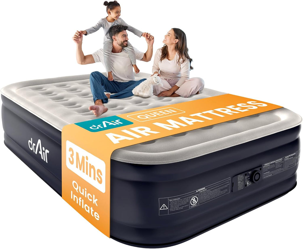 Dr. air Queen Air Mattress with Built-in Pump, 18" Raised Blow Up Mattress, 800 lbs Max Honeycomb Air Bed, 48Hr Leak-Proof Test, 3min Inflatable