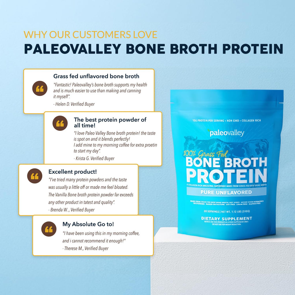 Paleovalley 100% Grass Fed Bone Broth Protein Powder, Unflavored