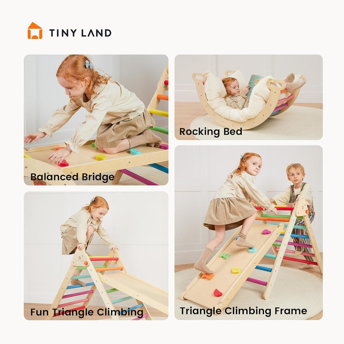 Tiny Land Pikler Triangle Set, 7-in-1 Foldable Climbing Toys Set for Kids