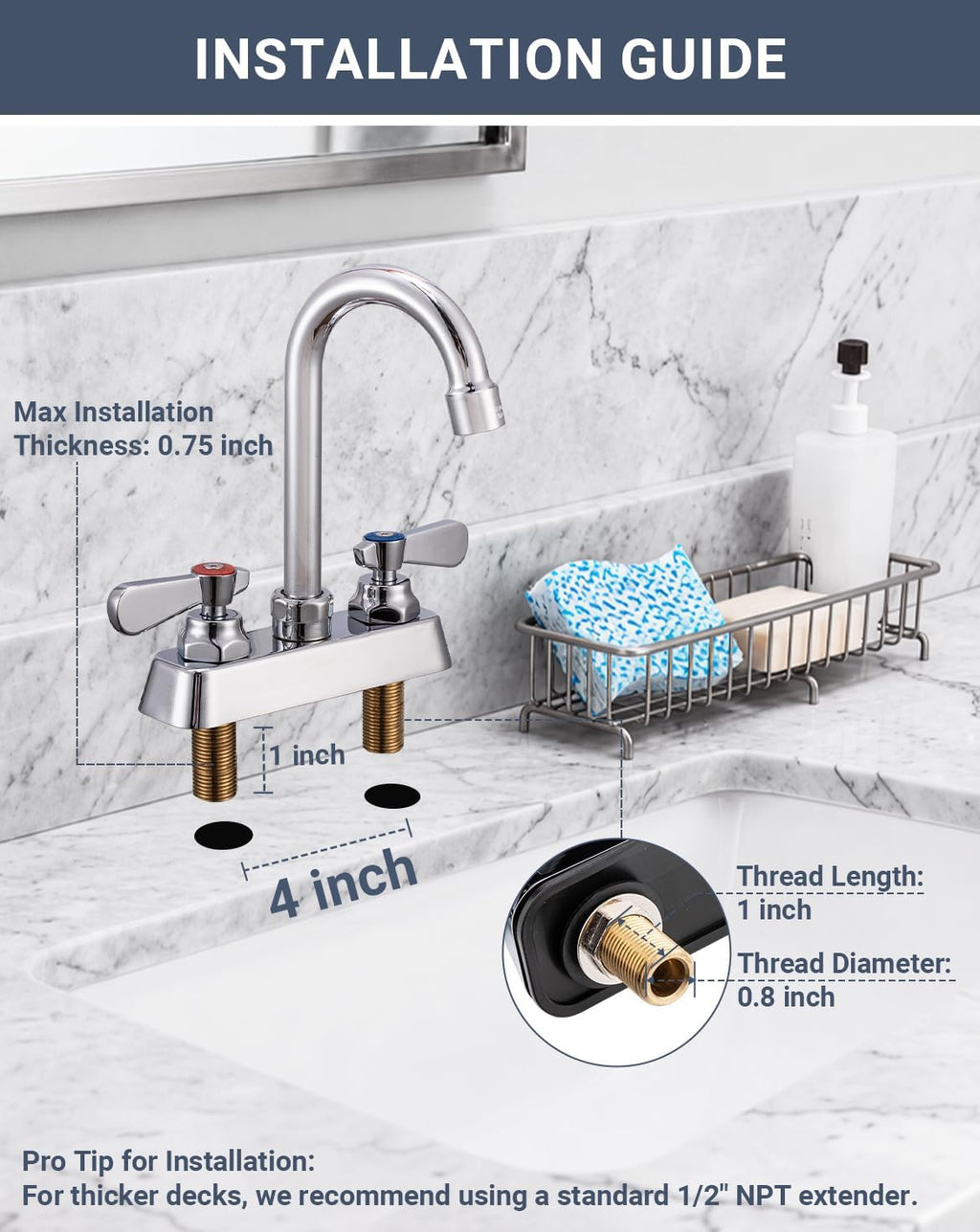 4" Center Utility Sink Faucet with Gooseneck Spout Deck Mount 2 Hole