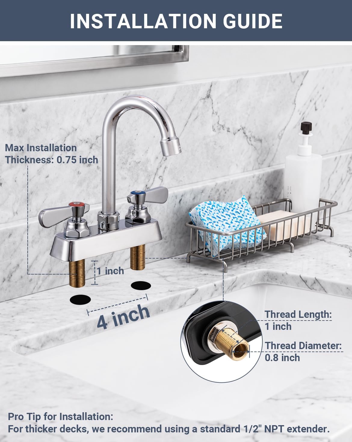 4" Center Utility Sink Faucet with Gooseneck Spout Deck Mount 2 Hole