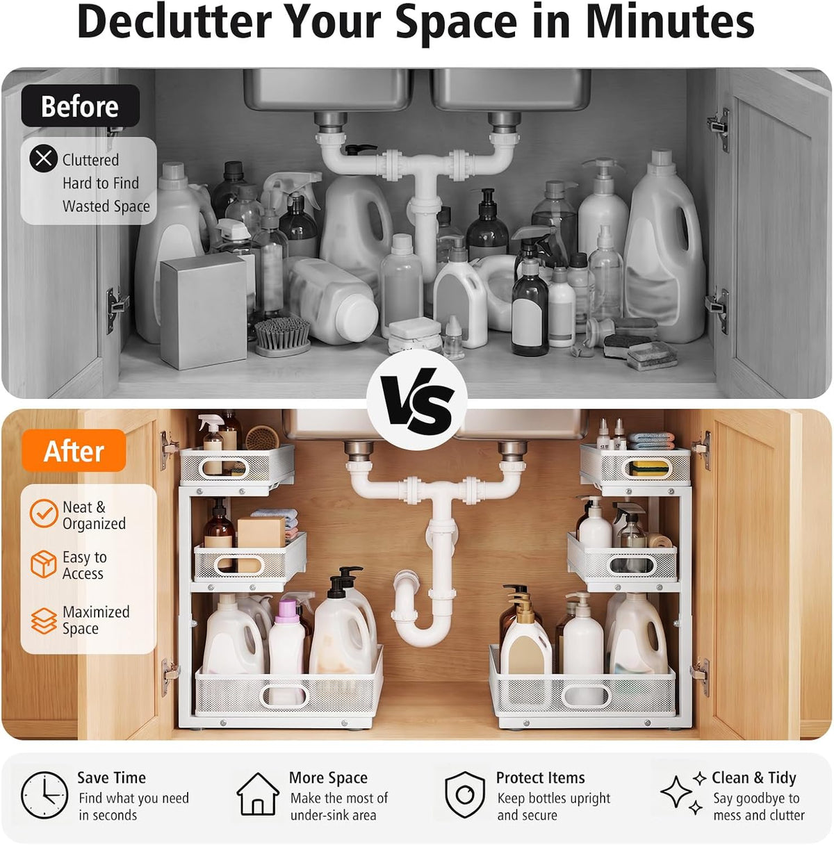 Under Sink Organizer, 3 Tier Pull Out Cabinet Organizer with 5 Adjustable Heights, Metal Under Sink Storage with Sliding Drawers for Kitchen