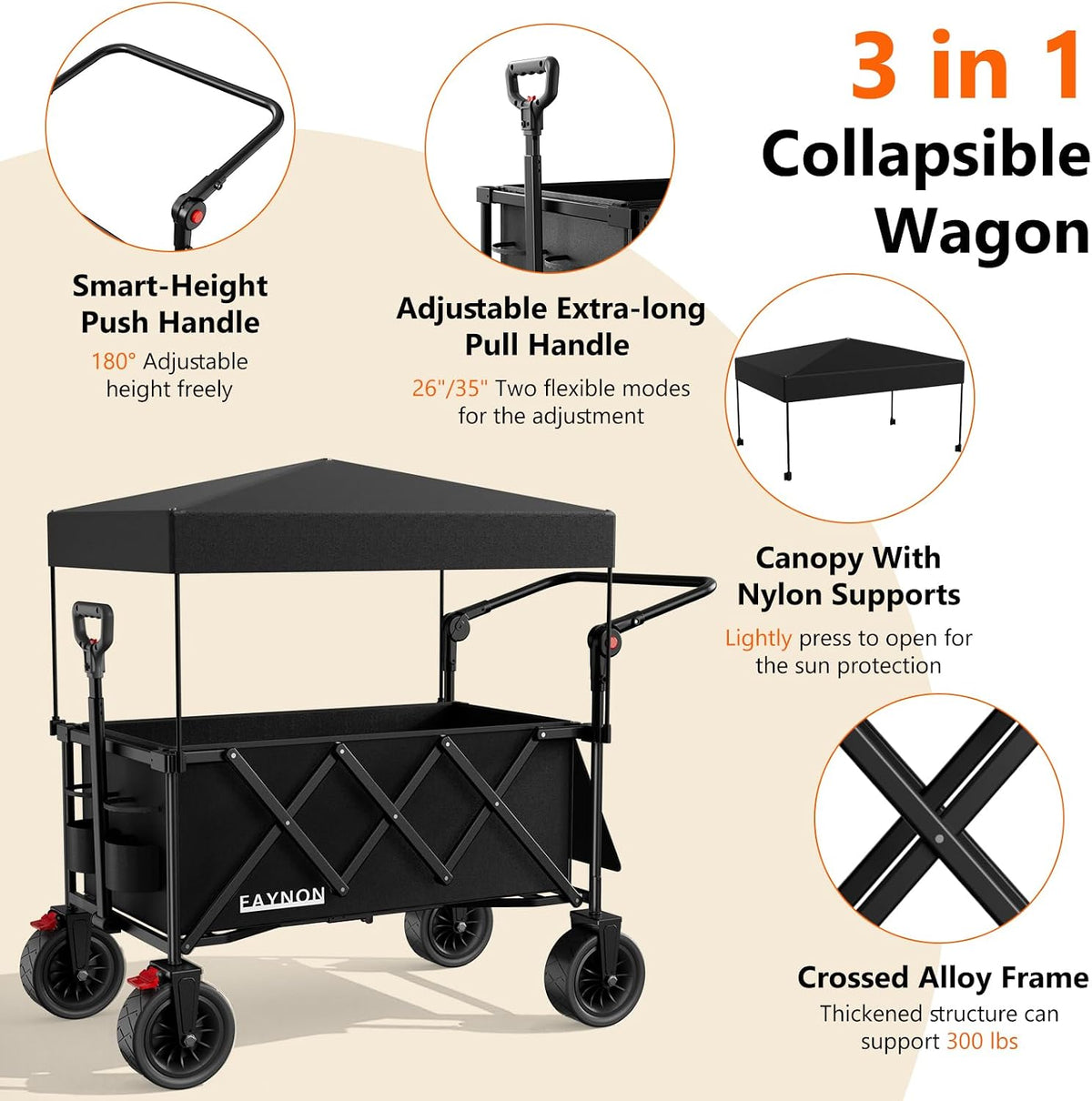 3 in 1 Collapsible Wagon with 300lbs Weight Capacity,150L Heavy Duty Utility Cart with Removable Canopy,with Big All-Terrain Beach Wheels & Drink