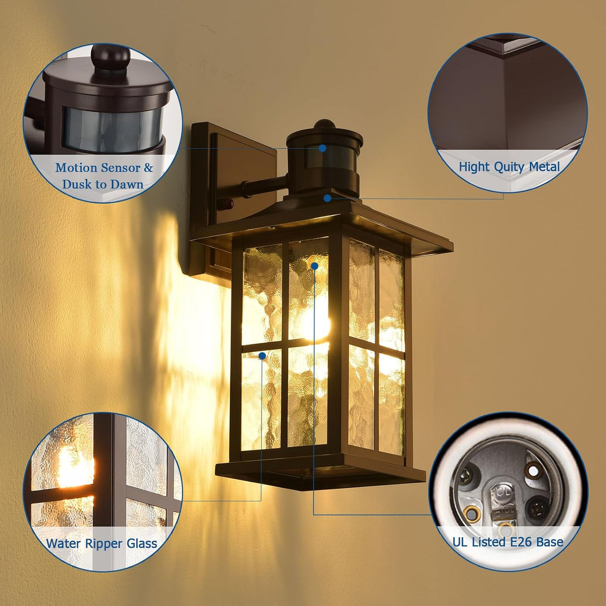 FLEDAVID 2 Pack Motion Sensor Outdoor Wall Lights Dusk to Dawn Exterior Porch Lantern Brown Outside Sconce Lighting Fixtures Rustic Farmhouse Wall