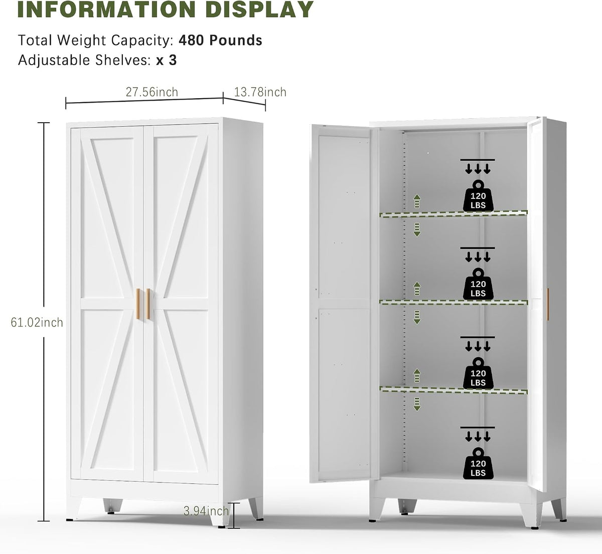 COFaR White Farmhouse Storage Kitchen Pantry Cabinet with 2 Barn Door, 3 Adjustable Shelves and Legs, for Cupboard/Dining Room/Bathroom/Living