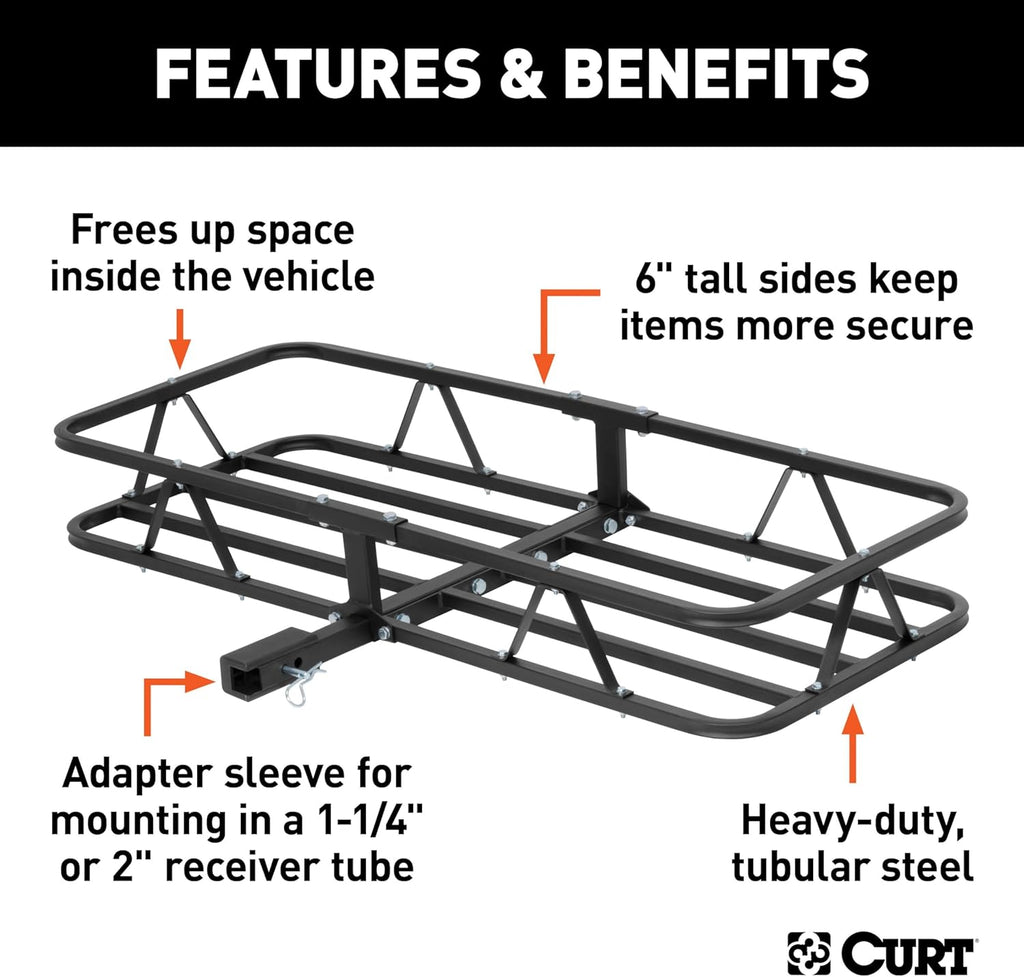 CURT 18145 Cargo Basket Hitch Trailer Hitch Cargo Carrier, 500 lbs. Capacity, 46-1/2-Inch x 17-1/2-Inch x 5-1/2-Inch, Fits 1-1/4 or 2-Inch Receiver