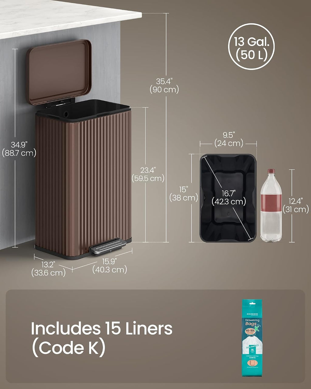 SONGMICS Trash Can, 13 Gallon (50 L), Stainless Steel, with Lid, Pedal