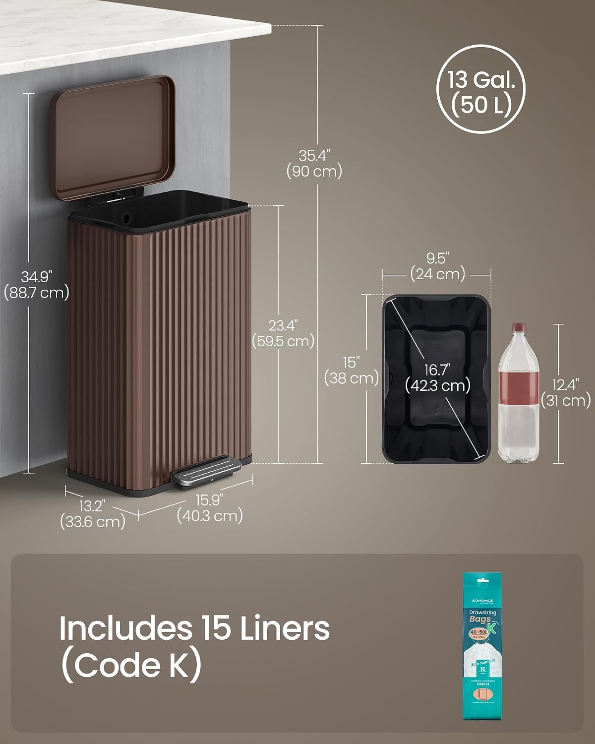 SONGMICS Trash Can, 13 Gallon (50 L), Stainless Steel, with Lid, Pedal
