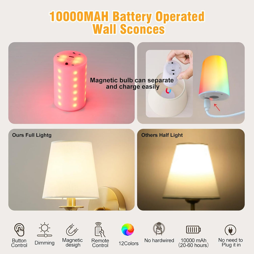 Battery Operated Wall Sconces set of Two,Wireless Wall Sconces with 10000mAh Dimmable Bulb and Remote,LED 15 Colors Rechargeable Gold Wall Sconce