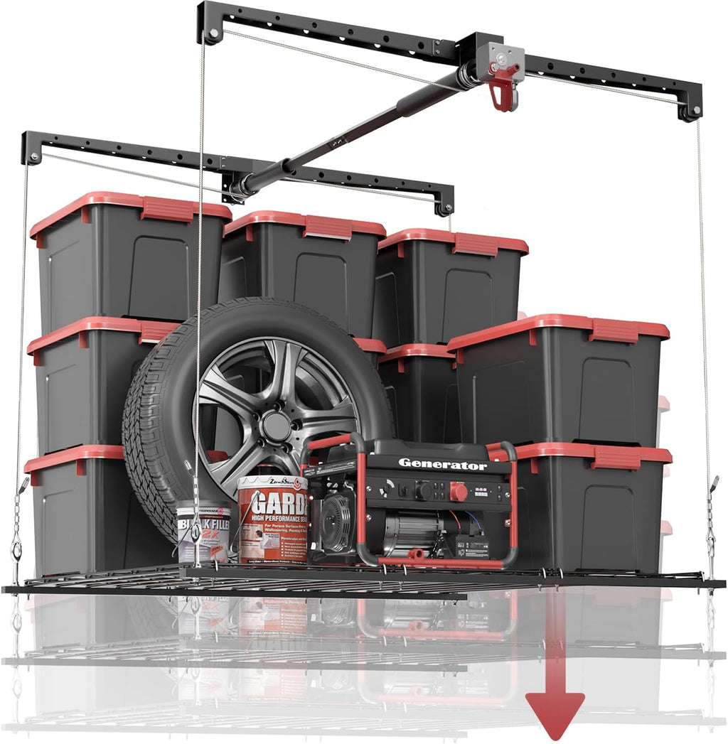 Overhead Garage Storage Rack for 8-10 FT Ceiling, Heavy-duty 4x4 FT Ceiling Storage Racks with Safety Lock, Ideal for Garage Storage Mounted Lift