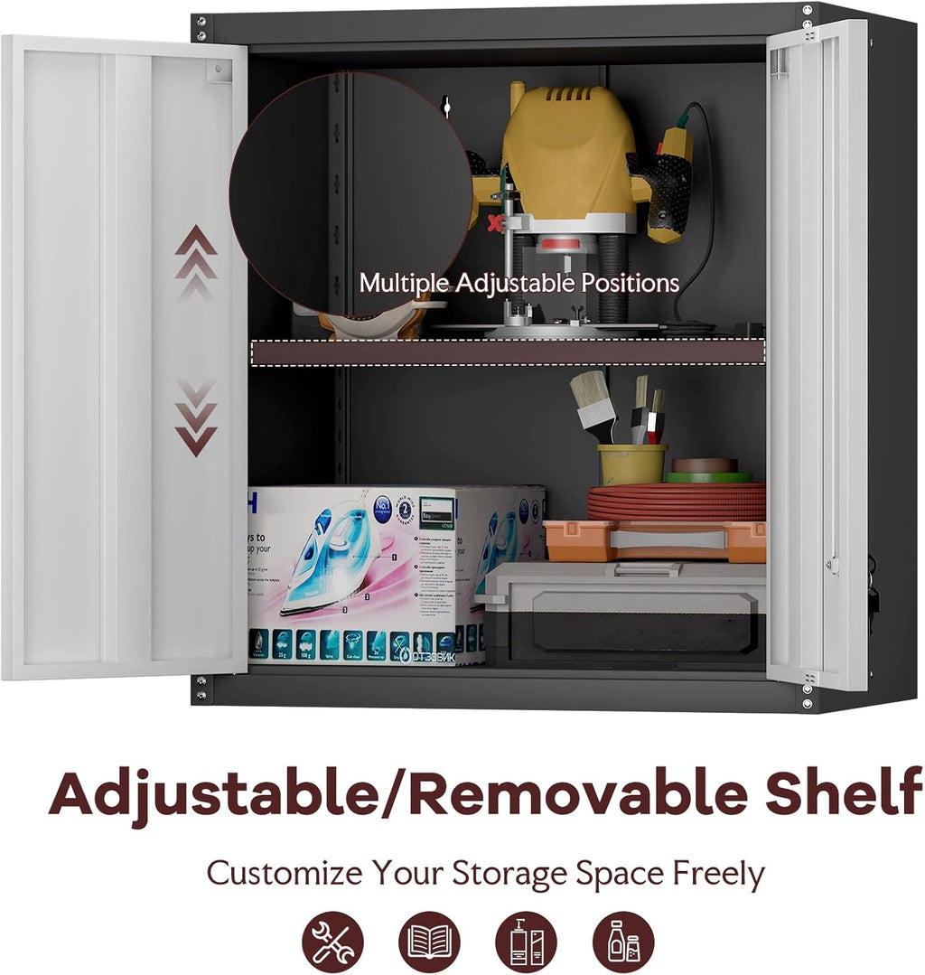 Garage Storage Cabinet, Wall Mounted Locking Cabinet with Doors and Shelves, Steel Tool Garage Cabinets and Storage, Utility Cabinet for Workshop