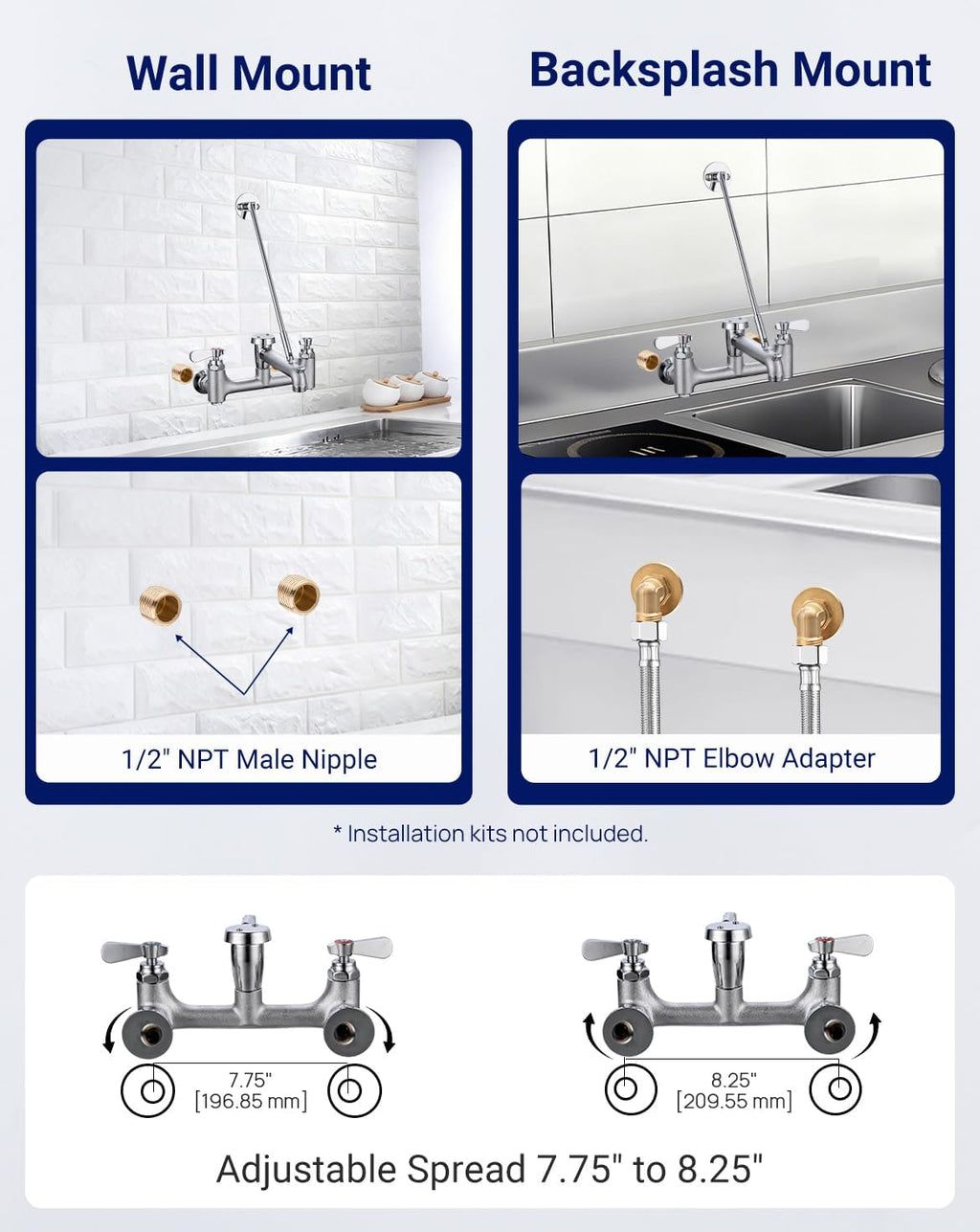 8 Center Commercial Mop Sink Faucet with Vacuum Breaker Wall Mount