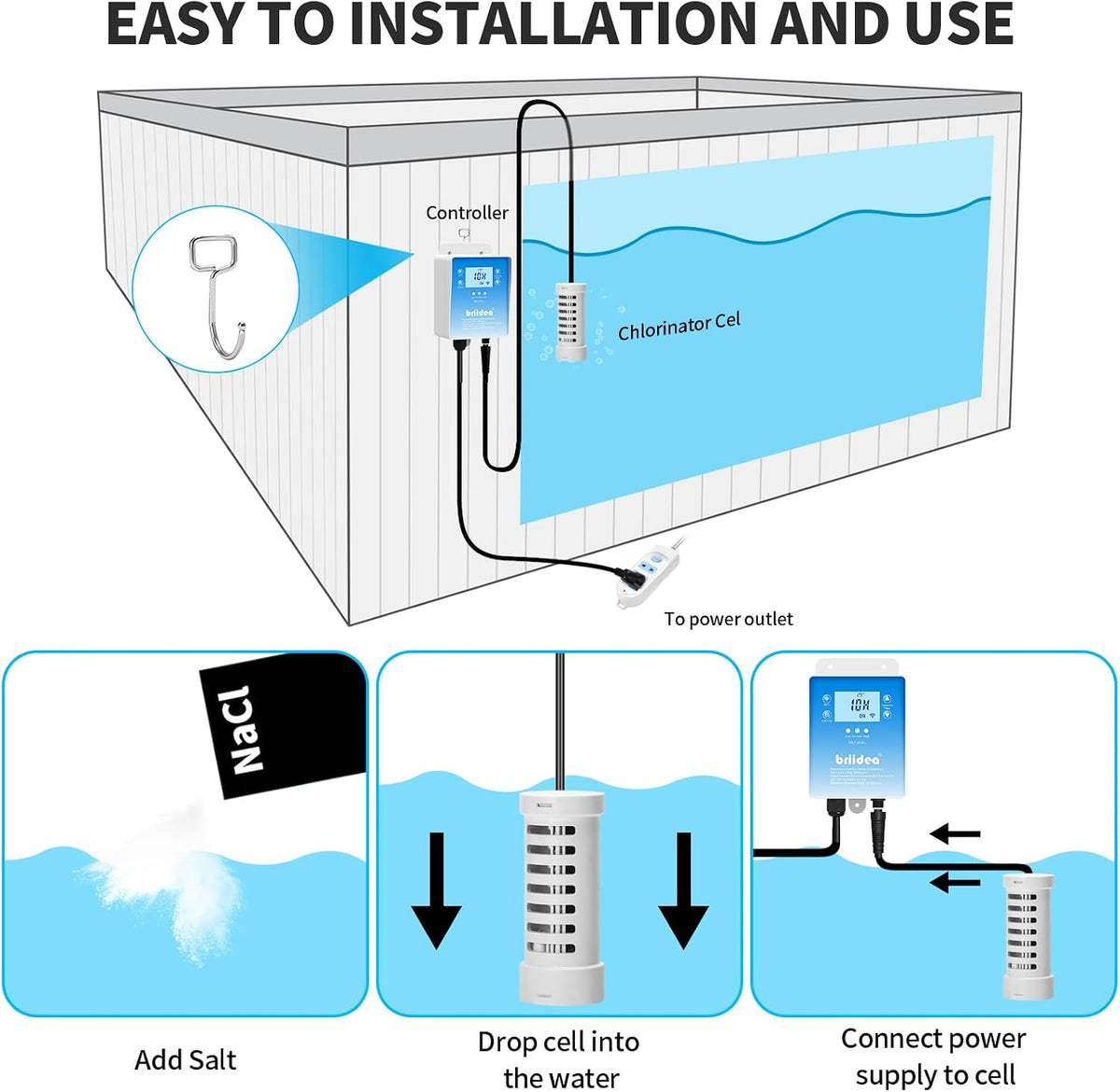 WiFi Salt Chlorine Generator, Briidea Chlorine Generator with USA Titanium Salt Cell, APP Monitoring & Real-Time Salt Alerts, for Swim Spas Up to 2