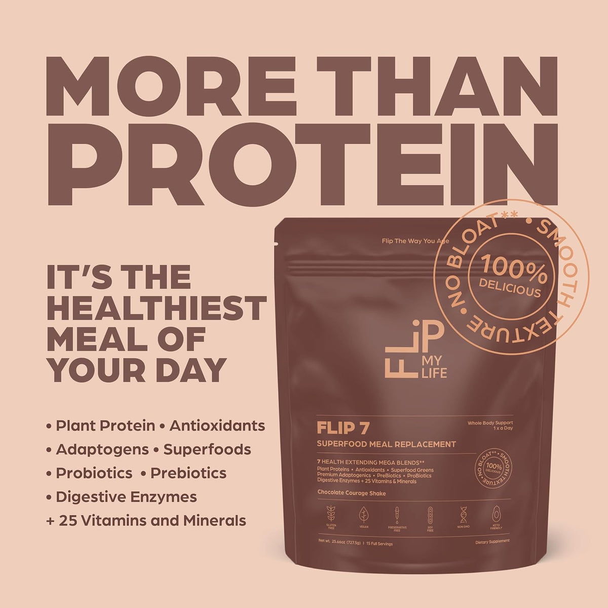 Flip My Life, Flip 7 Natural SuperFood, Plant-Based Protein, Complete Meal Replacement to Support Healthy Gut, 7 Mega Nutrient Rich Blends all in one