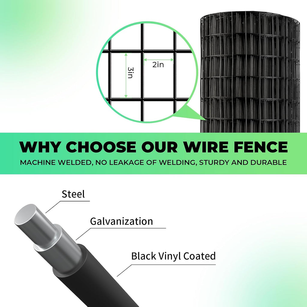 Garden Fence Black PVC Coated Welded Wire Fencing 48 Inch x 100 Foot, 2 Inch x 3 Inch 16GA, Garden Border Fencing Roll Vinyl Coating Metal Wire Mesh