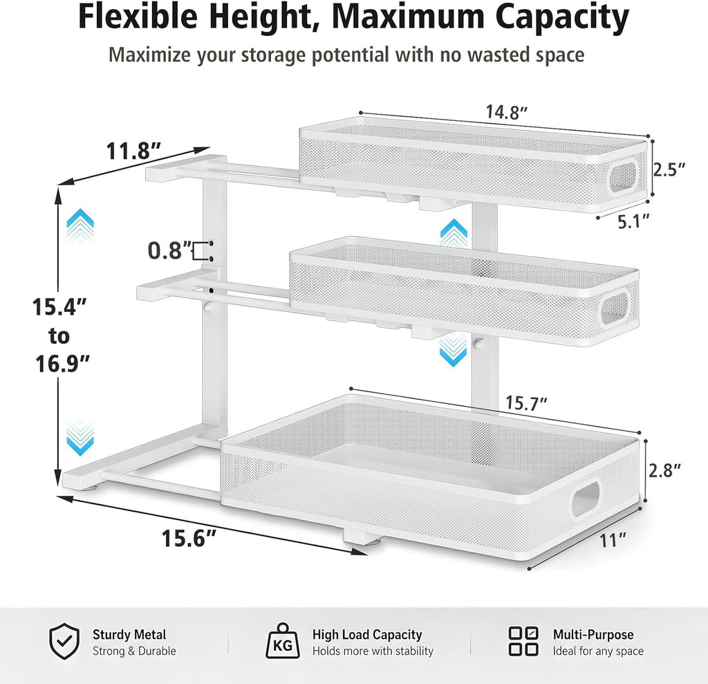 Under Sink Organizer, 3 Tier Pull Out Cabinet Organizer with 5 Adjustable Heights, Metal Under Sink Storage with Sliding Drawers for Kitchen