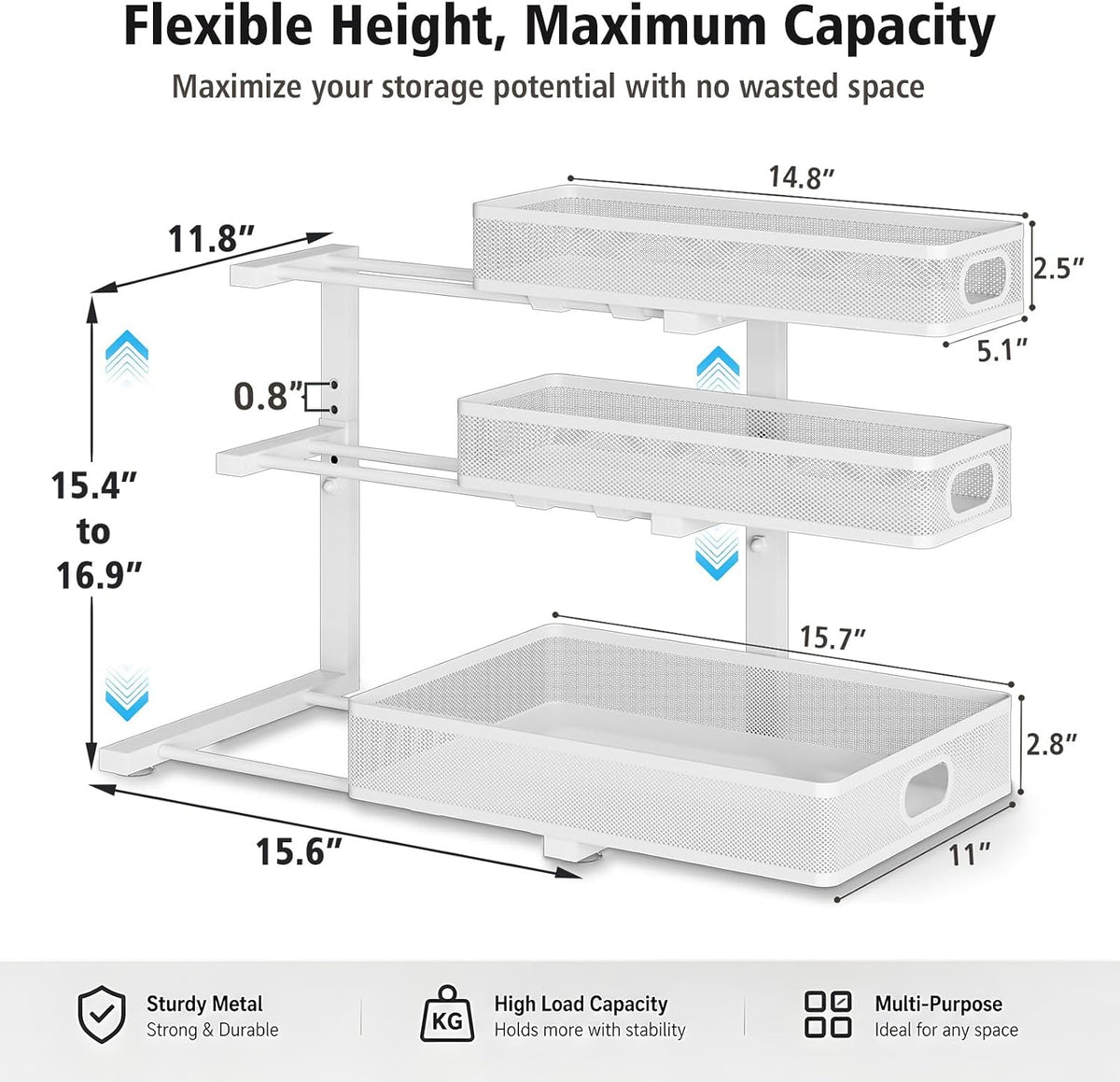 Under Sink Organizer, 3 Tier Pull Out Cabinet Organizer with 5 Adjustable Heights, Metal Under Sink Storage with Sliding Drawers for Kitchen