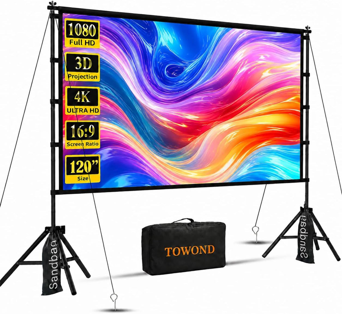 Outdoor Projector Screen with Stand, TOWOND 120 inch Portable Movie Screen, 16:9 HD Foldable Anti-Crease Projection Screen with Carry Bag for Sports