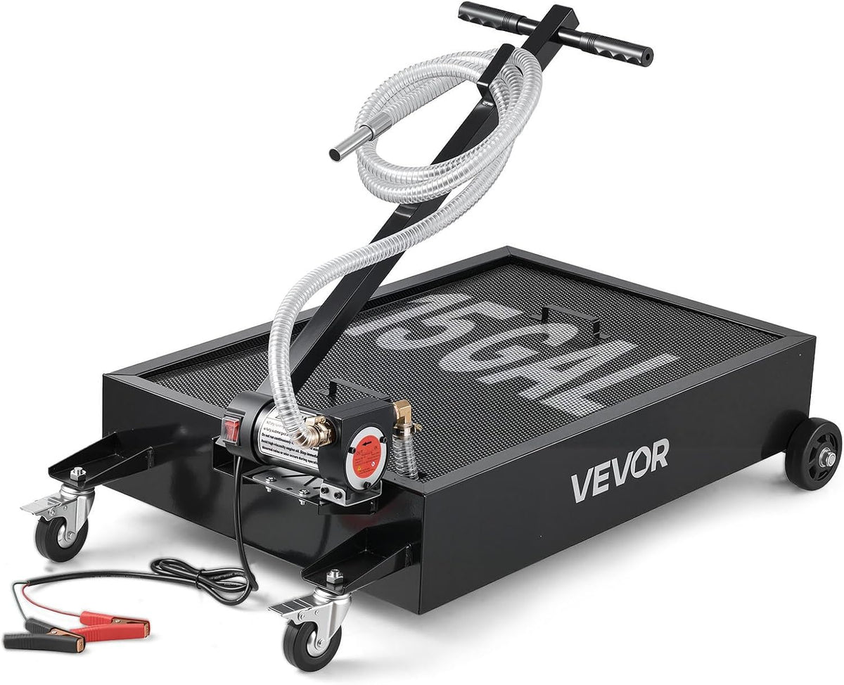 VEVOR Low Profile Oil Drain Pan, 15 Gallon Capacity, Rolling Oil Drain Pan with Electric Pump & 7.2 ft Hose, Leak-Proof & Corrosion-Resistant, Fit
