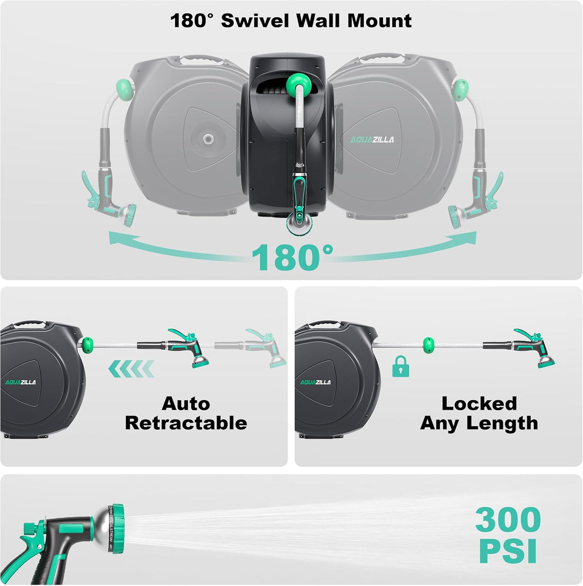 Retractable Garden Hose Reel, 65FT +6FT 5/8" Durable Wall Mounted Water Hose Reel with 180° Swivel Bracket, 9 Pattern Sprayer, 6Ft leader hose,Smooth