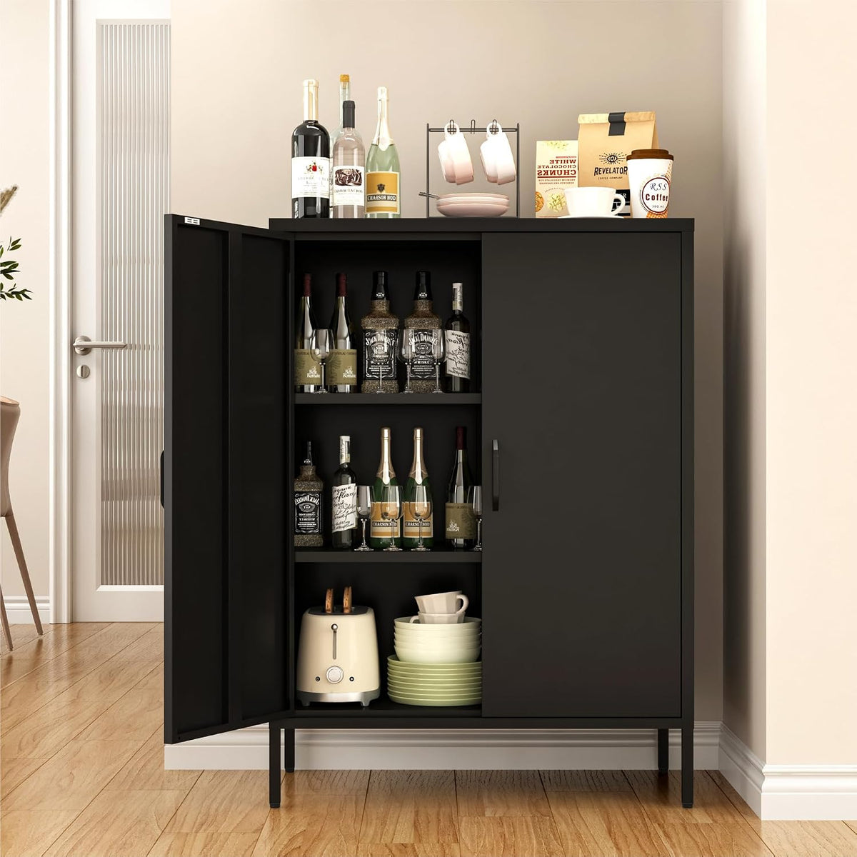 Metal Locker Cabinet, Black Storage Cabinets with 2 Doors and Adjustable Shelves, 3 Tier Modern Storage Freestanding Sideboard for Living Room,School
