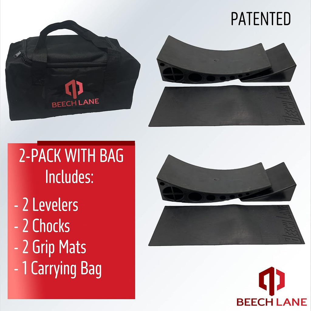 Beech Lane Camper Leveler 2 Pack with Carrying Bag - Precise Camper Leveling, Includes Two Curved Levelers, Two Chocks, Two Rubber Grip Mats, and A