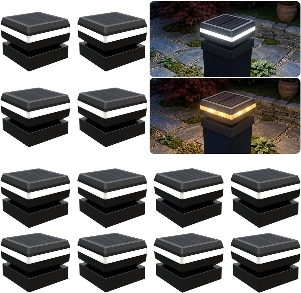 Modern Solar Post Cap Lights - 12 Pack, 2 Modes LED(3000K/6000K) Deck Fence Cap Light for 2x2, 2.5x2.5, 3x3 Posts, IP65 Waterproof, Decoration for