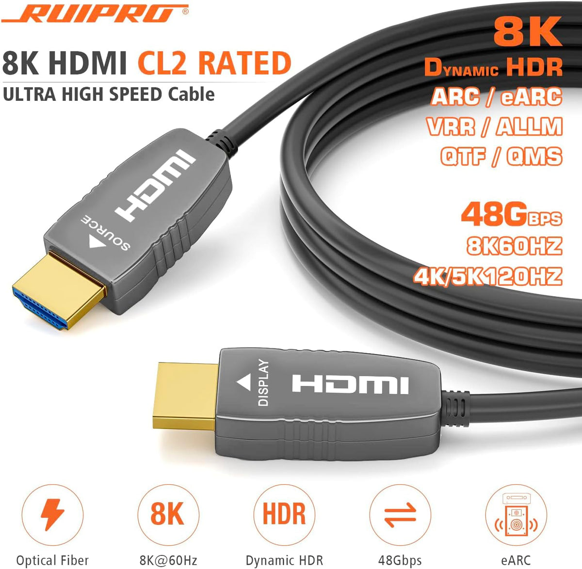 8K HDMI 2.1 Fiber Optic Cable, CL2 Rated, 48Gbps, 8K60, 4K120, 50FT