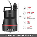 Sump Pump Submersible Utility Water Pump Thermoplastic Portable Electric Water Removal Transfer Pump with 16.4FT Cord for Swimming Pool Basement