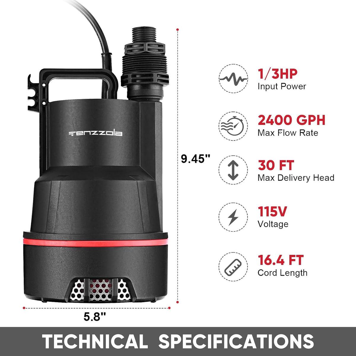 Sump Pump Submersible Utility Water Pump Thermoplastic Portable Electric Water Removal Transfer Pump with 16.4FT Cord for Swimming Pool Basement
