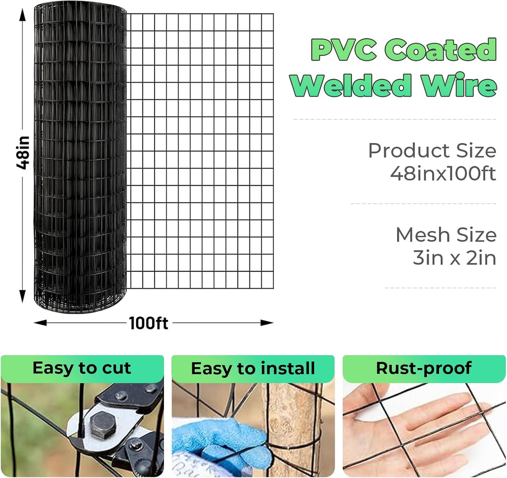 Garden Fence Black PVC Coated Welded Wire Fencing 48 Inch x 100 Foot, 2 Inch x 3 Inch 16GA, Garden Border Fencing Roll Vinyl Coating Metal Wire Mesh