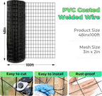 Garden Fence Black PVC Coated Welded Wire Fencing 48 Inch x 100 Foot, 2 Inch x 3 Inch 16GA, Garden Border Fencing Roll Vinyl Coating Metal Wire Mesh